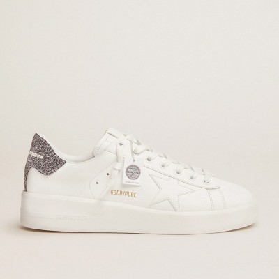 Golden Goose Purestar In White Leather With Silver Swarovski Crystal Heel Tab