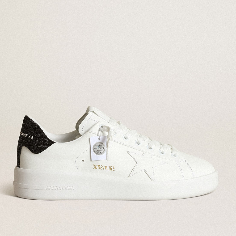 Golden Goose Purestar In White Leather With Tone-on-tone Star And Heel Tab In Black Swarovski Crystals