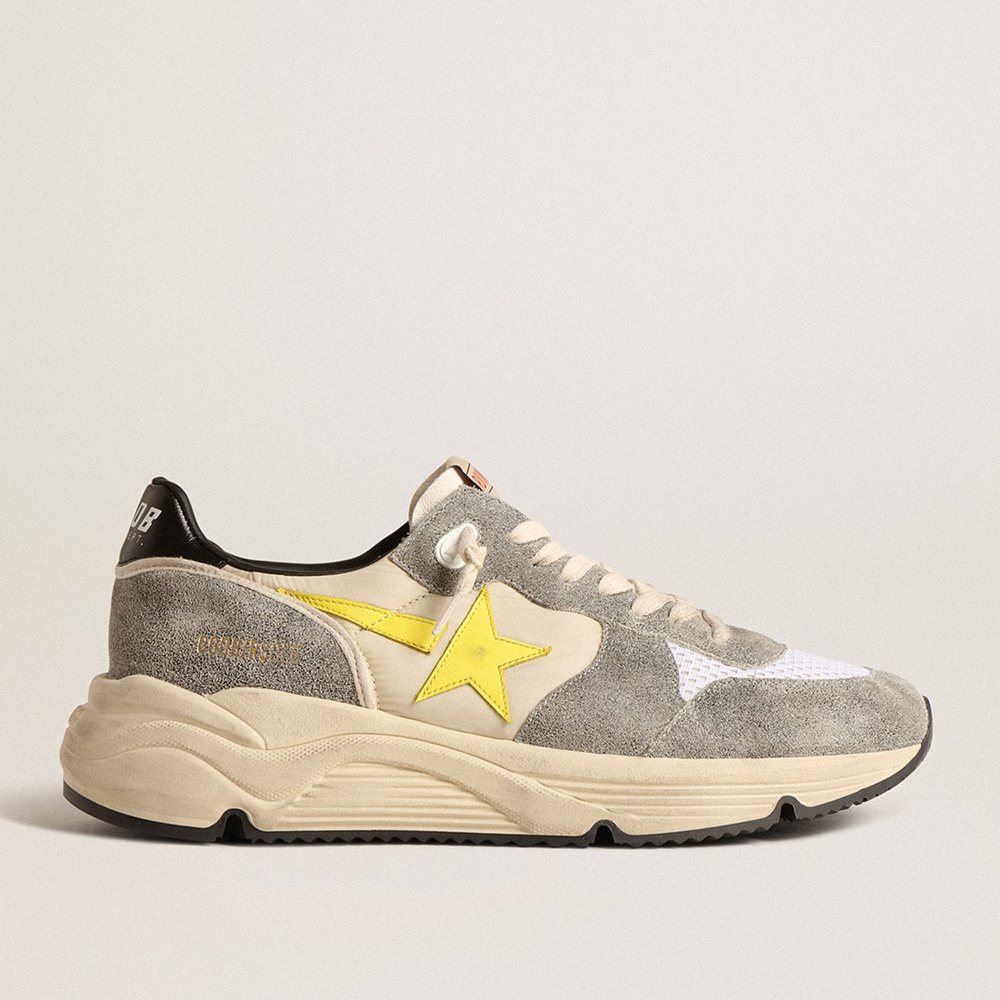 Golden Goose Running Sole In Beige Nylon And Gray Suede With Yellow Star