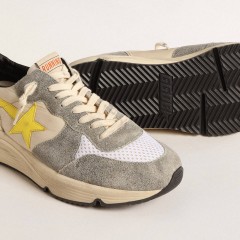 Golden Goose Running Sole In Beige Nylon And Gray Suede With Yellow Star