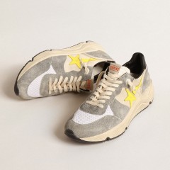 Golden Goose Running Sole In Beige Nylon And Gray Suede With Yellow Star