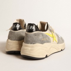 Golden Goose Running Sole In Beige Nylon And Gray Suede With Yellow Star