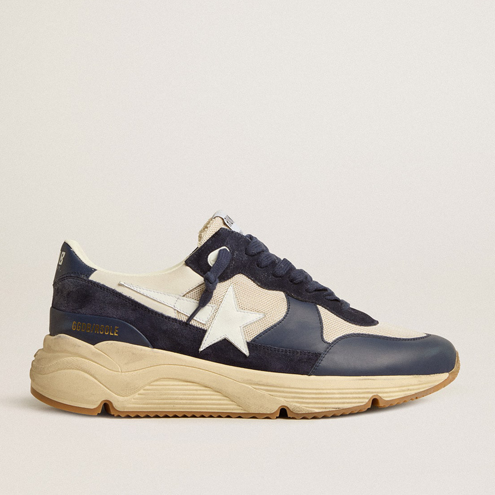 Golden Goose Running Sole In Cream Mesh And Blue Leather With A White Leather Star