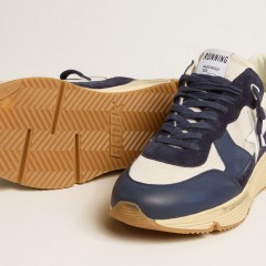 Golden Goose Running Sole In Cream Mesh And Blue Leather With A White Leather Star