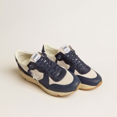 Golden Goose Running Sole In Cream Mesh And Blue Leather With A White Leather Star