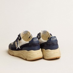 Golden Goose Running Sole In Cream Mesh And Blue Leather With A White Leather Star