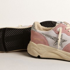 Golden Goose Running Sole In Gray Mesh And Suede With Silver Glitter Star