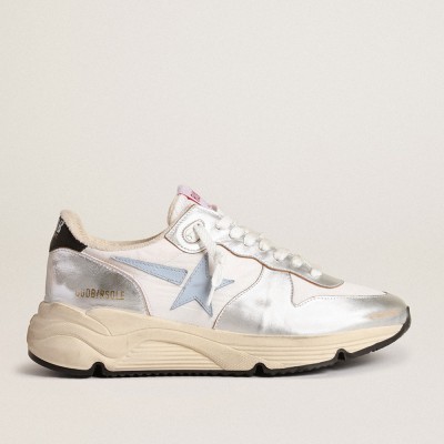 Golden Goose Running Sole In Nylon And Silver Metallic Leather With Light Blue Star