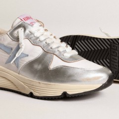 Golden Goose Running Sole In Nylon And Silver Metallic Leather With Light Blue Star