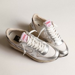 Golden Goose Running Sole In Nylon And Silver Metallic Leather With Light Blue Star