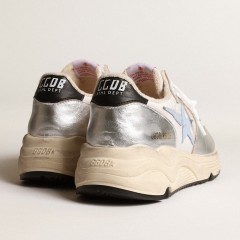 Golden Goose Running Sole In Nylon And Silver Metallic Leather With Light Blue Star