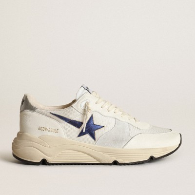 Golden Goose Running Sole In White Leather And Mesh With Blue Laminated Leather Star