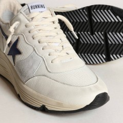 Golden Goose Running Sole In White Leather And Mesh With Blue Laminated Leather Star