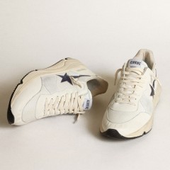 Golden Goose Running Sole In White Leather And Mesh With Blue Laminated Leather Star