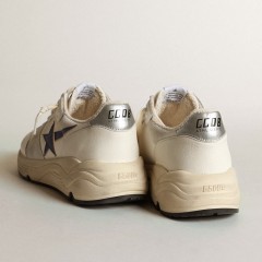 Golden Goose Running Sole In White Leather And Mesh With Blue Laminated Leather Star