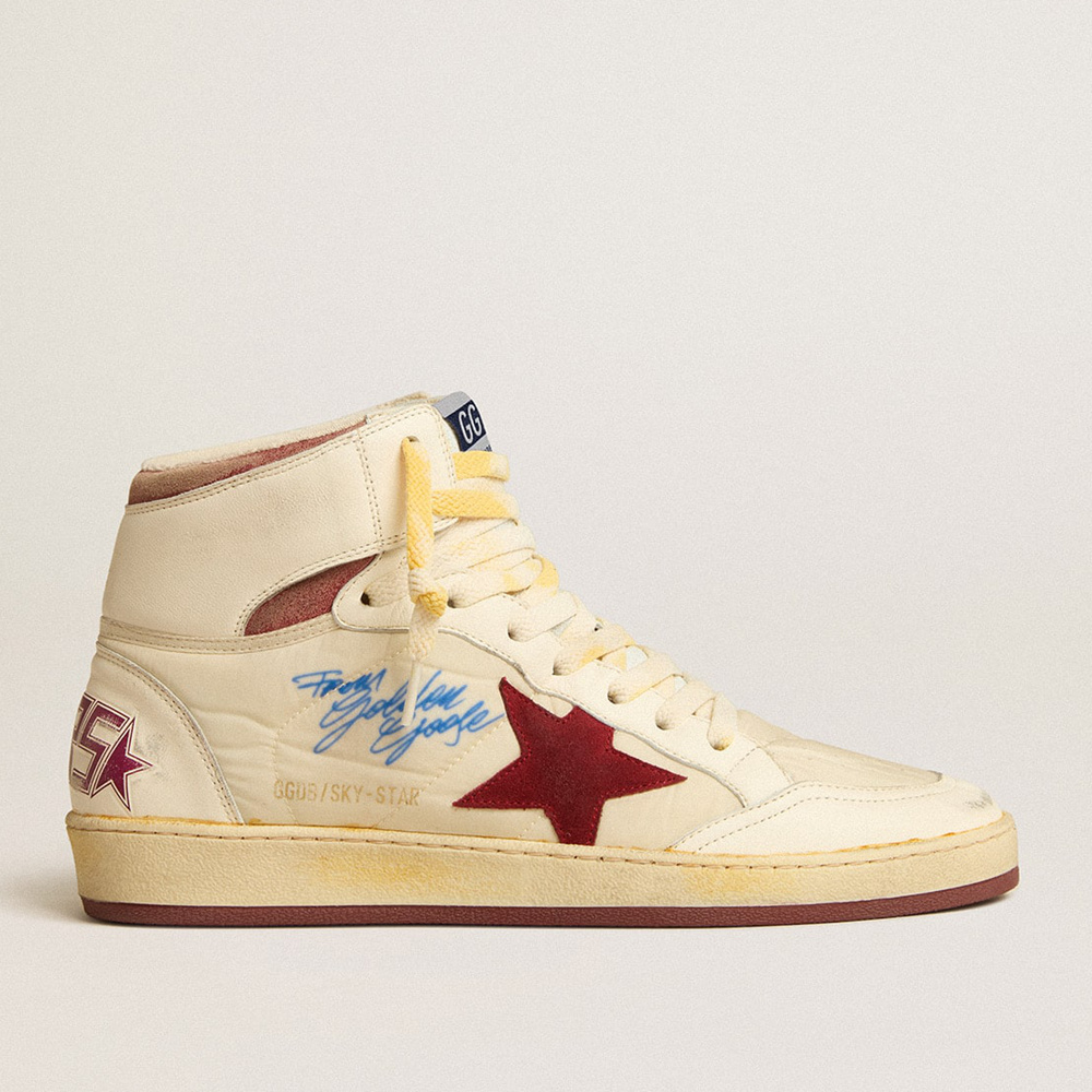 Golden Goose Sky-Star In Beige Nylon And Nappa With Pomegranate Suede Star