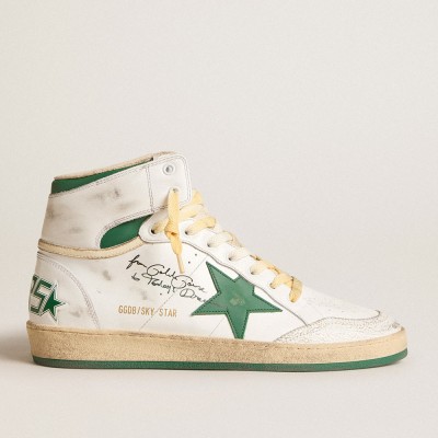 Golden Goose Sky-Star In White Leather With Green Leather Star