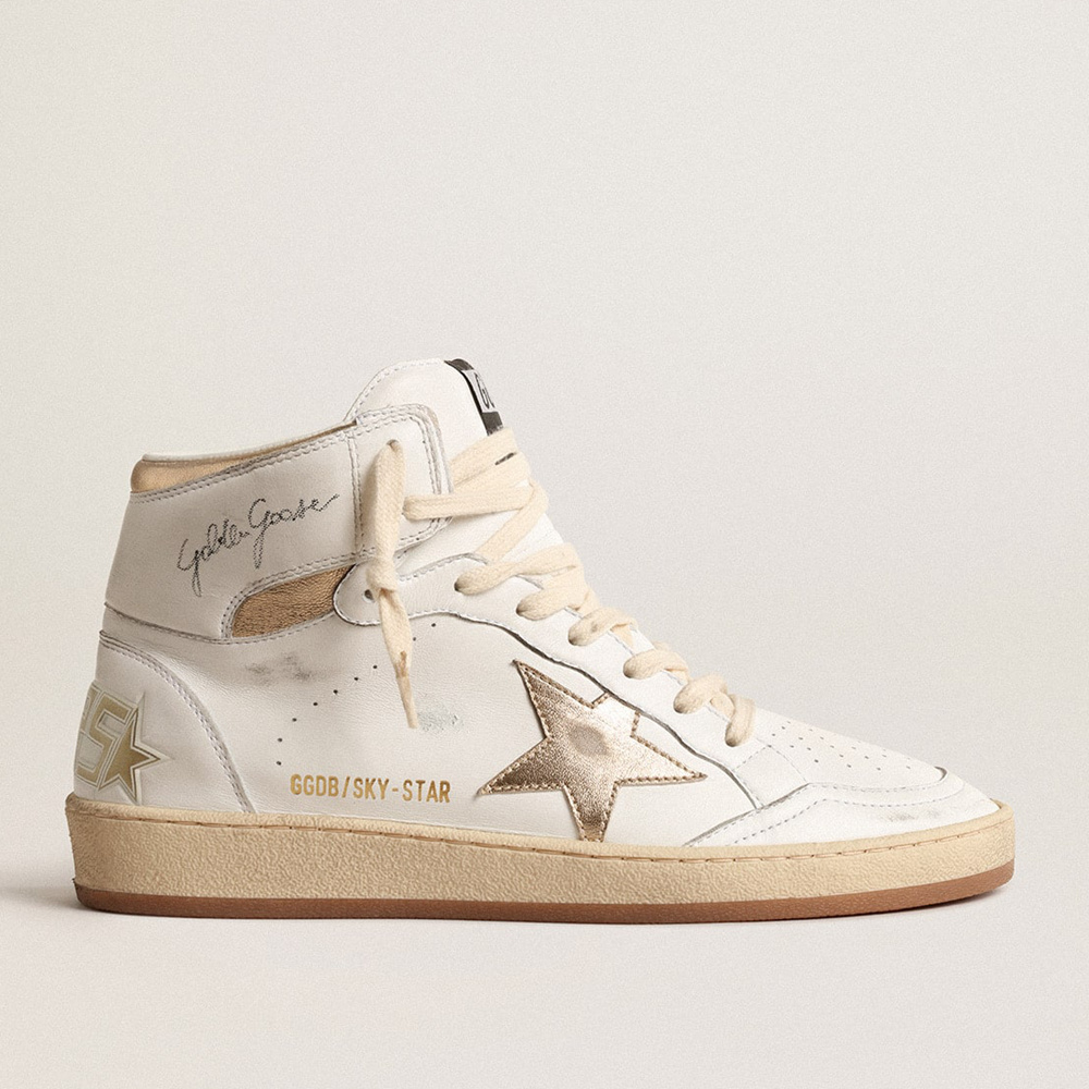 Golden Goose Sky-Star In White Nappa Leather With Gold Metallic Leather Star And Heel Tab