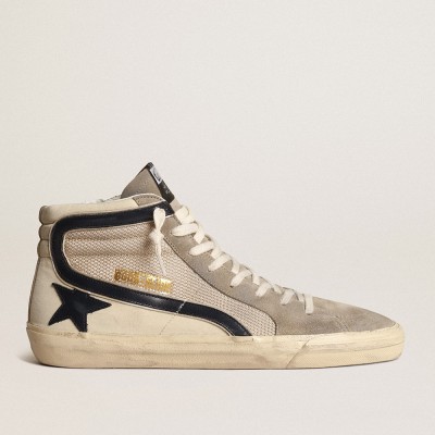 Golden Goose Slide In Beige Mesh And Nylon With Blue Leather Star And Flash