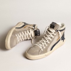 Golden Goose Slide In Beige Mesh And Nylon With Blue Leather Star And Flash