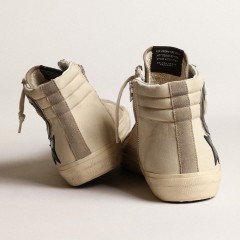 Golden Goose Slide In Beige Mesh And Nylon With Blue Leather Star And Flash