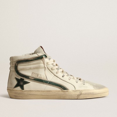 Golden Goose Slide In Beige Nappa With Green Laminated Leather Star And Flash