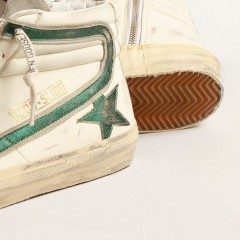 Golden Goose Slide In Beige Nappa With Green Laminated Leather Star And Flash