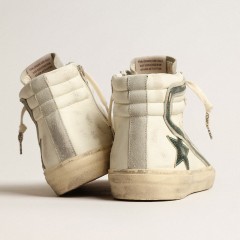 Golden Goose Slide In Beige Nappa With Green Laminated Leather Star And Flash