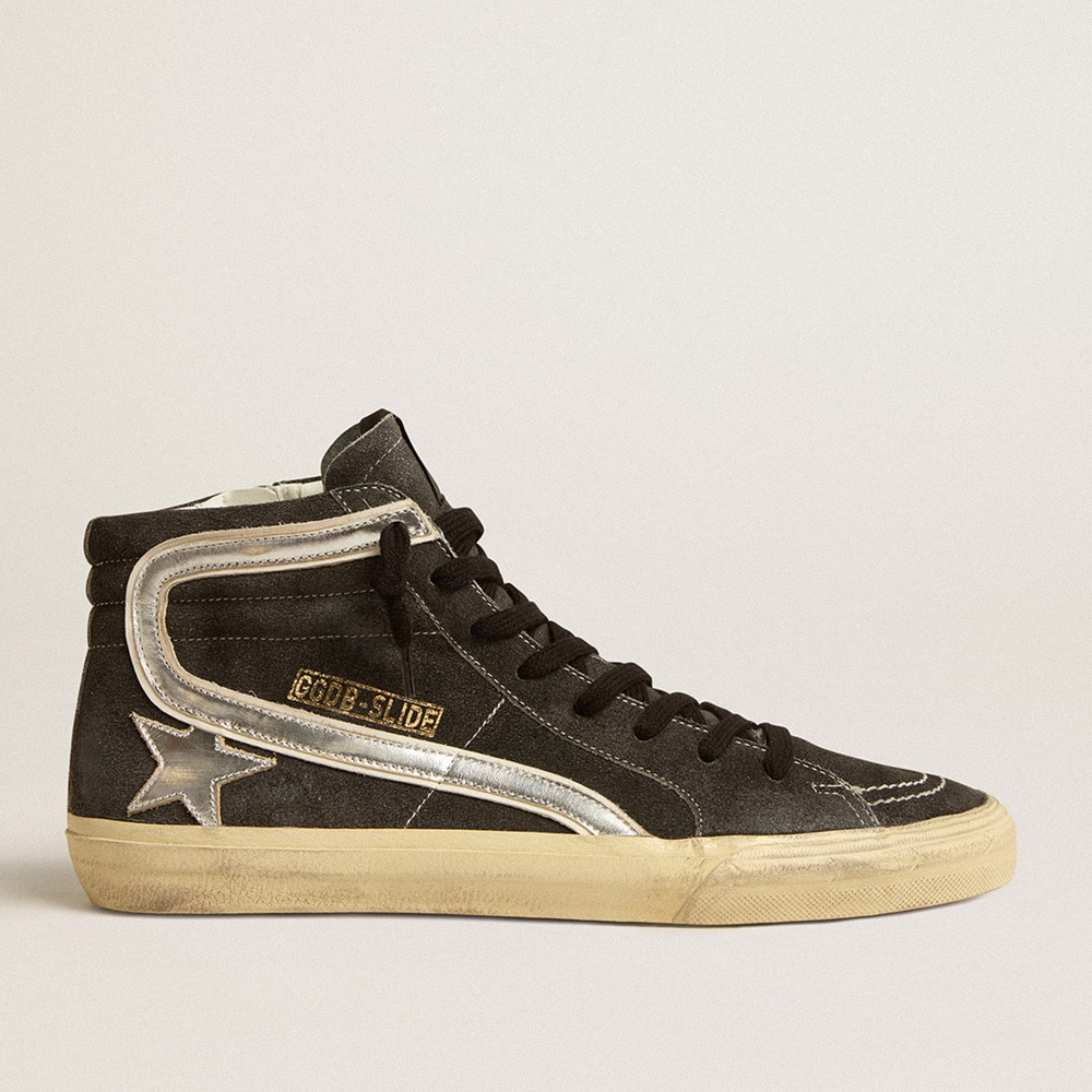 Golden Goose Slide In Black Suede With Silver Metallic Leather Star And Flash