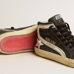 Golden Goose Slide In Black Suede With Silver Metallic Leather Star And Flash