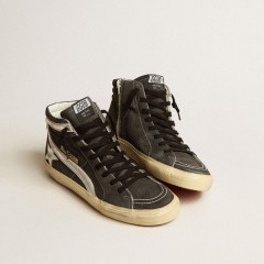 Golden Goose Slide In Black Suede With Silver Metallic Leather Star And Flash