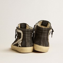 Golden Goose Slide In Black Suede With Silver Metallic Leather Star And Flash