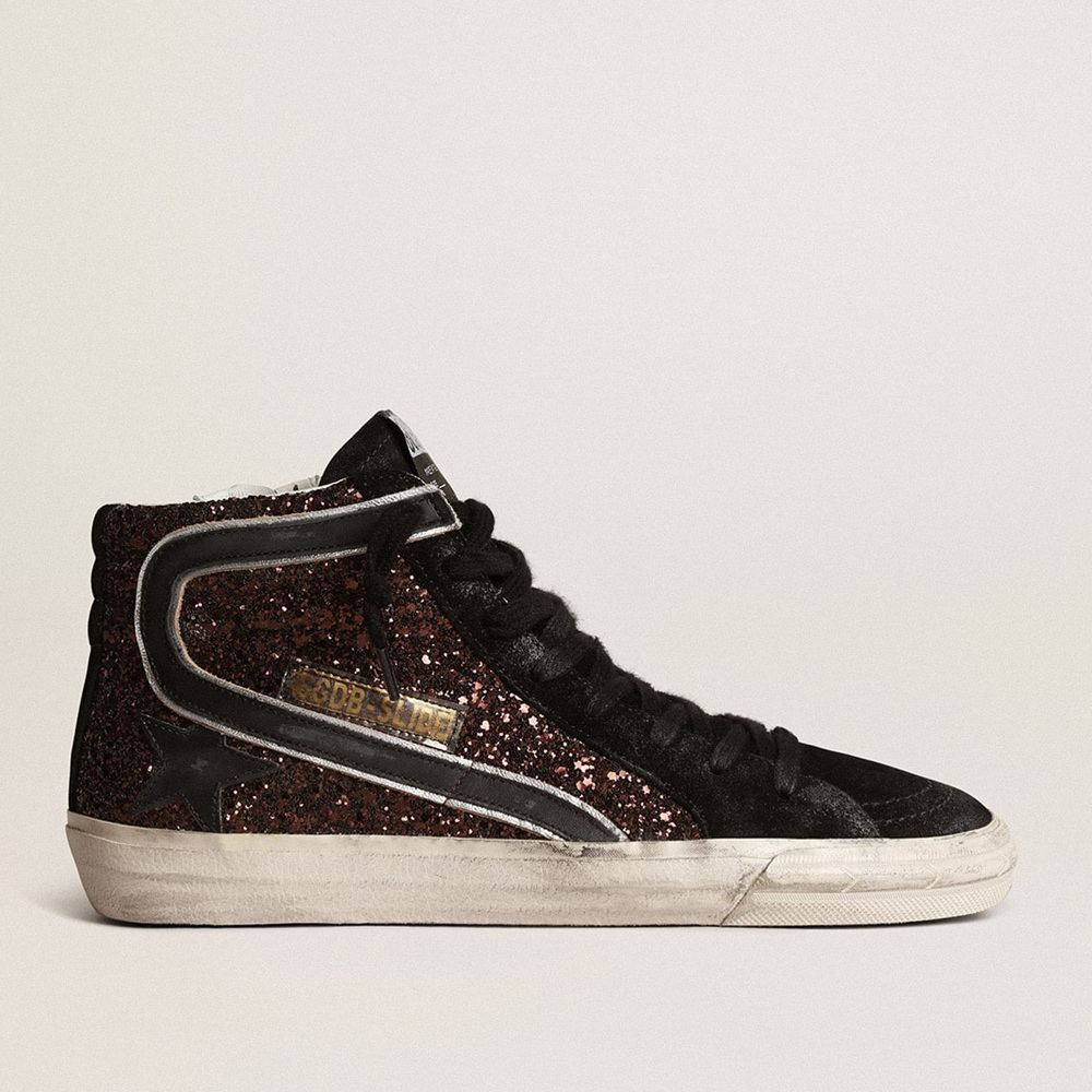 Golden Goose Slide In Brown Glitter With Black Leather Star And Flash