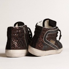 Golden Goose Slide In Brown Glitter With Black Leather Star And Flash