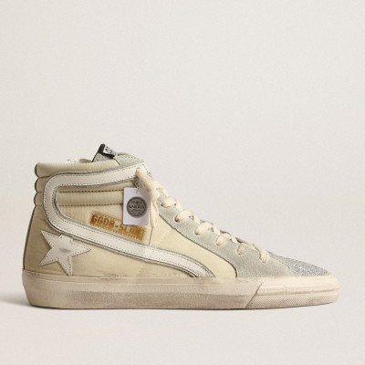 Golden Goose Slide In Ivory Nylon With White Leather Star And Silver Swarovski Crystal Tongue