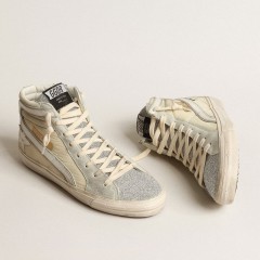 Golden Goose Slide In Ivory Nylon With White Leather Star And Silver Swarovski Crystal Tongue