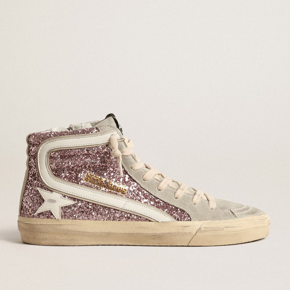 Golden Goose Slide In Lilac Glitter With White Leather Star And Flash