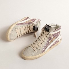 Golden Goose Slide In Lilac Glitter With White Leather Star And Flash