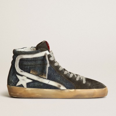 Golden Goose Slide In Midnight-blue Denim With White Leather Star