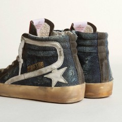 Golden Goose Slide In Midnight-blue Denim With White Leather Star