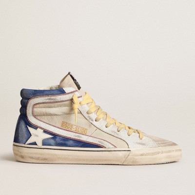 Golden Goose Slide In Pearl Canvas And Blue Suede With White Leather Star And Flash