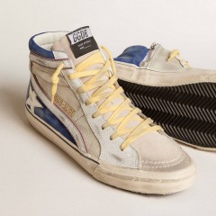 Golden Goose Slide In Pearl Canvas And Blue Suede With White Leather Star And Flash