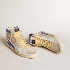 Golden Goose Slide In Pearl Canvas And Blue Suede With White Leather Star And Flash