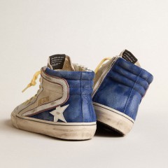 Golden Goose Slide In Pearl Canvas And Blue Suede With White Leather Star And Flash