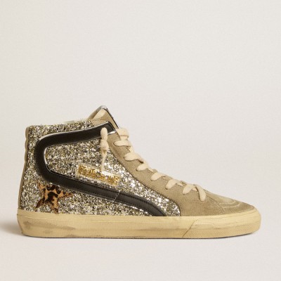 Golden Goose Slide In Platinum Glitter With Leopard-print Pony Skin Star And Black Flash