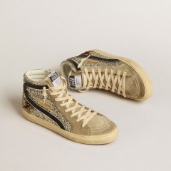 Golden Goose Slide In Platinum Glitter With Leopard-print Pony Skin Star And Black Flash