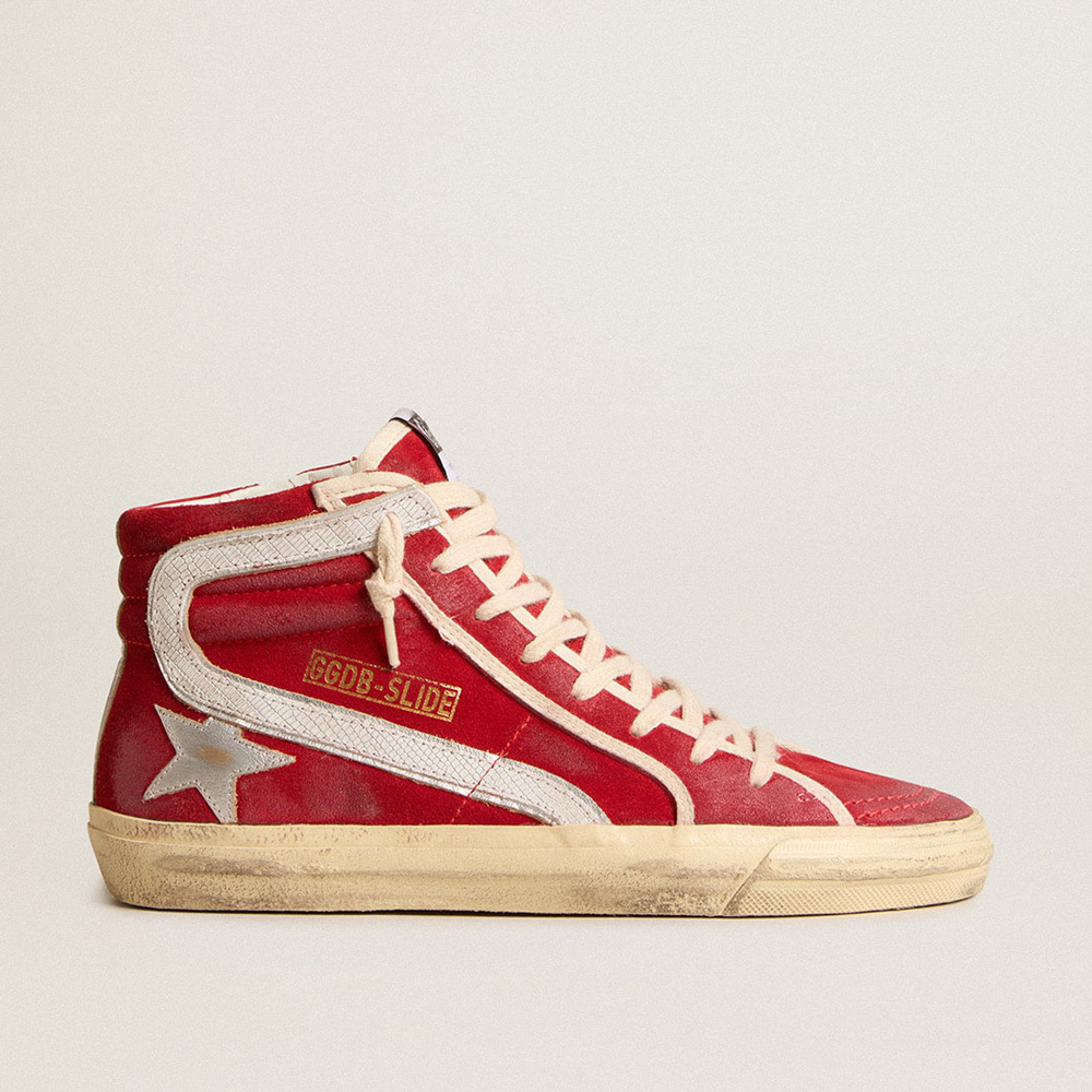 Golden Goose Slide In Red Suede With Silver Star And Lizard Print Flash