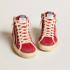 Golden Goose Slide In Red Suede With Silver Star And Lizard Print Flash