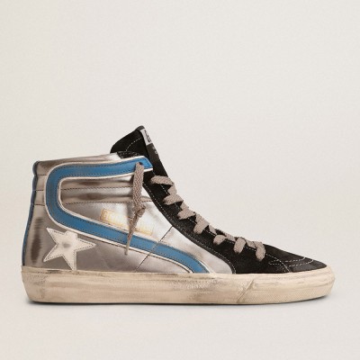 Golden Goose Slide In Silver Metallic Leather With White Leather Star