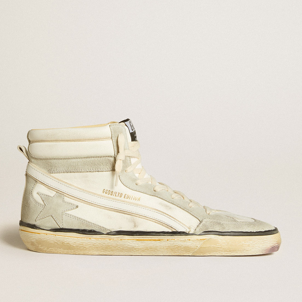 Golden Goose Slide LAB In Aged-white Nappa Leather With Gray Suede Star And White Leather Flash